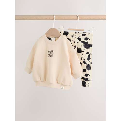 Neutral/Cow Milk Club Printed Sweat and Leggings Baby Set (0mths-2yrs)