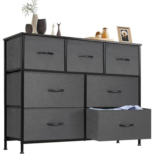 Sweetcrispy 7 Drawer Dresser Storage Organizer with Fabric Bins, Sturdy Steel Frame and Wood Top, Easy Pull Handles, for Bedroom Closet Hallway Entryway,Grey