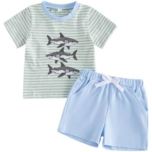 Kavousa Toddler Boy Summer Outfits Baby Boy Animal Print Short Sleeves T-Shirt Plaid Shorts Set Infant Boy Clothes Set