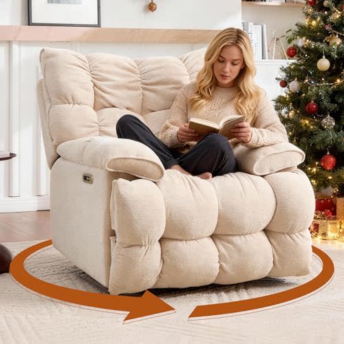 Oversized Swivel Power Rocker Recliner,Electric Recliner Chairs for Adults,Extra Wide Seat Recliners,Upholstered Nursery Reclining Glider Chair,Swivel Chairs for Living Room,Beige