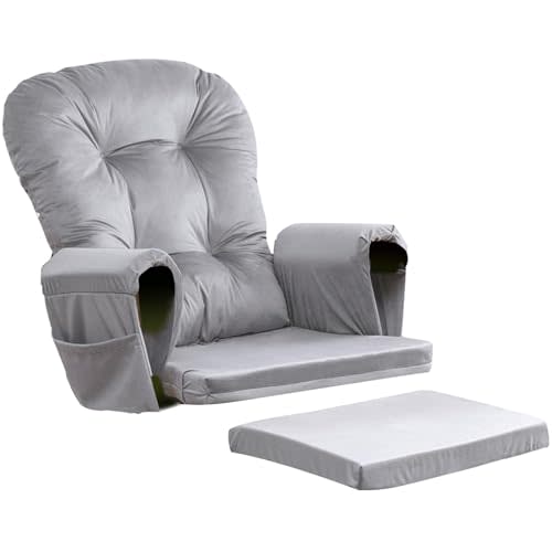 5PCS Velvet Glider Rocker Replacement Cushions, Gray | Thicken & Soft, Includes Ottoman Cushion & Storage Pockets, for Nursery Wooden Rocking Chair with Ottoman, Machine Washable