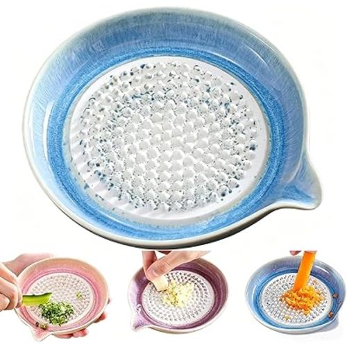 Premium Ceramic Garlic Grater Plate, Handcrafted Ginger Grater Plate,Modern Design Multipurpose Grinder Plates Burnishing Machine for Fruits Vegetables Ginger Garlic Onion,Easy to Clean (Blue)