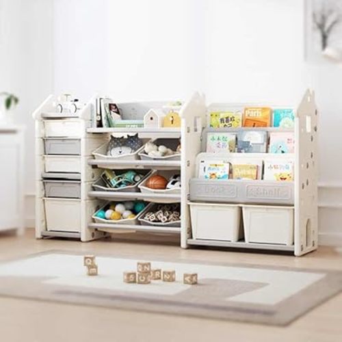 3 in 1 Kids Toy Storage Organizer with Bookshelf, Large Toddler Toy Storage Shelf Cabinet Box Bin for Living Room, Playroom/Classroom