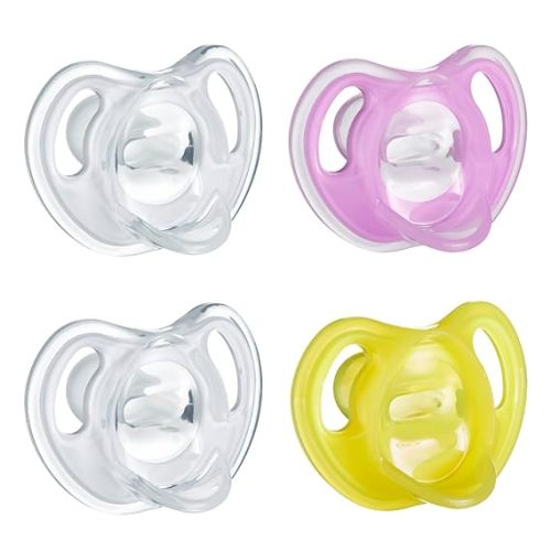 Tommee Tippee Ultra-Light Silicone Pacifier, 6-18 Months, Symmetrical One-Piece Design, BPA-Free Silicone Binkies, Clear/Pink/Yellow, Pack of 4