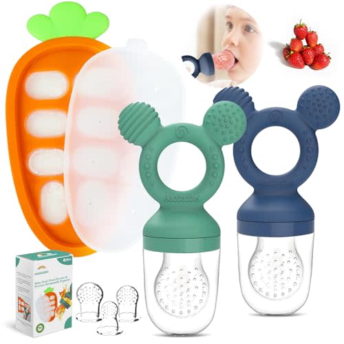 HAOBAOBEI Baby Fruit Feeder Set – 3-Size Silicone Teether with Ice Cube Tray | Leakproof Self-Feeder for 3-24 Months | BPA-Free, Dishwasher Safe | Baby-Led Weaning Essential (Green Blue)