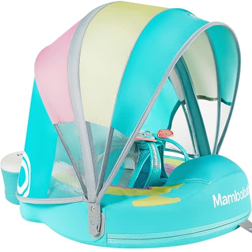 Mambobaby Non-Inflatable Baby Pool Float with Tail and Canopy UPF 50+ Sun Protection No Flip Over Infant Swim Float Skin-Friendly Mambo Float Swim Trainer Solid Baby Swimming Ring (Rainbow Green)