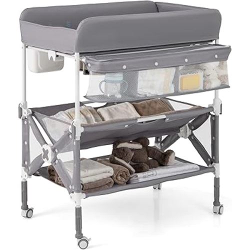 BABY JOY Portable Baby Changing Table, Foldable Waterproof Diaper Changing Station w/Wheels, Adjustable Height, Storage Basket, Shelves & Trash Bin, Mobile Nursery Organizer for Newborn Infant, Gray