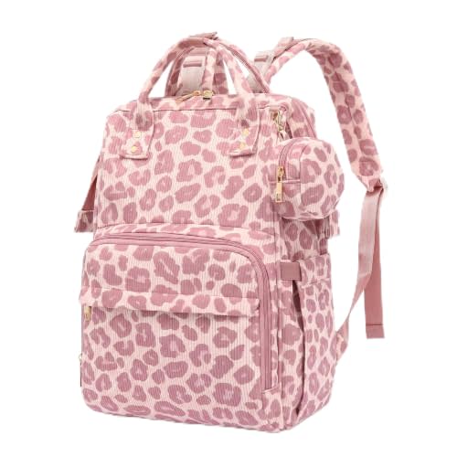 Baby Diaper Bag Backpack for Women with Pacifier Case Leopard Purple | Corduroy Large Capacity, Multifunctional Nappy Bag, Baby Travel Essentials Diaper Bags for Mom,Dad,Baby Girl Boy