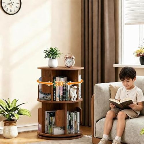 2 Tier Rotating Bookshelf,Wood Round Revolving 360 Bookcase Tower