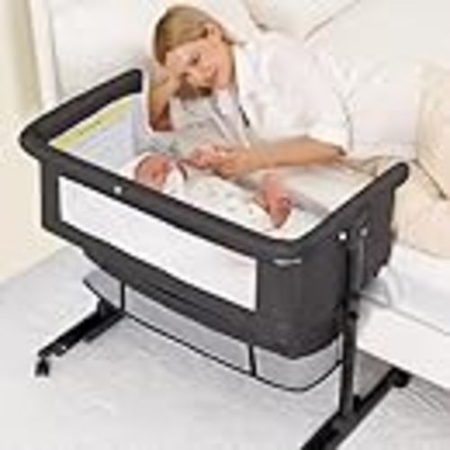 Baby Bassinet, 3 in 1 Bedside Bassinets for Baby, Bassinet Bedside Sleeper with Wheels, Adjustable Height with Rocking Mode, Breathable Mesh, Storage Basket, Easy Assemble & Folding (Dark Gray)