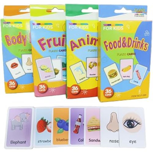 Flash Cards for Toddlers, Educational Learning Set of 144, Body Animal Food Fruit Cards, Ages 3-6, Montessori Preschool Learning Toys for Kindergarten (Orange, Pocket-Size)