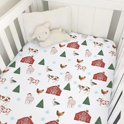 Christmas Farm Animals Baby Crib Sheet 52''x28'' Farmhouse Barn Chicken Pig Duck Tractor Fitted Crib Mattress Sheet Covers for Boy Girl Baby Nursery Bed Sheets for Standard Crib Mattress