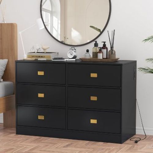 6-Drawer Baby Changing Table Dresser, with Removable Top, Changing Pad & Built-in Power Outlets, Versatile Diaper Changing Station for Bedroom