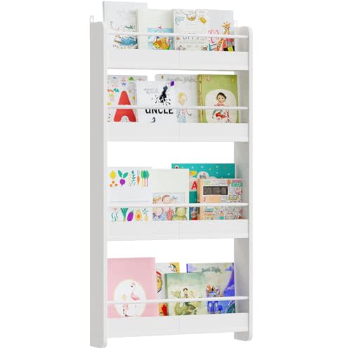 MAHANCRIS Kids Bookshelf, 4-Tier Wall Mount Bookshelf for Kids, Wooden Nursery Bookshelves, Hanging Book Shelf for Kids Room, Playroom, Bedroom, Living Room, White BKBW7601