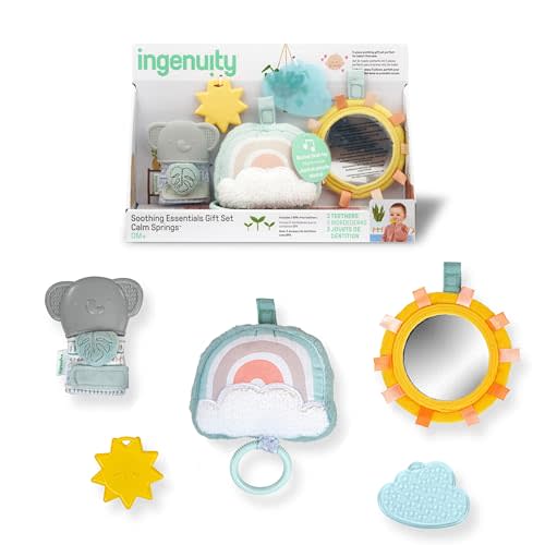 Ingenuity Calm Springs Soothing Essentials Gift Set - Musical Toy, Rattle, Mirror, 2 Teethers for Baby