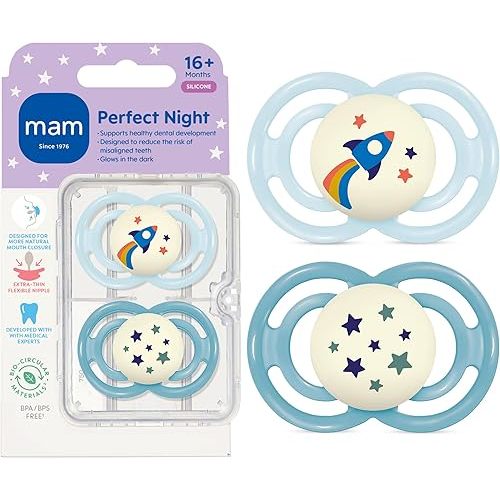 MAM Perfect Baby Pacifier 16+ Months, Extra Thin Nipple, Developed with Orthodontists, Clinically Proven, Glows in The Dark, BPA-Free Silicone, Pack of 2, Made in Europe