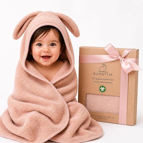 bunnyjik - Organic Hooded Towels - Certified Organic Cotton, Long Stable Luxurious Turkish Organic Cotton, Plush Towels for Newborn (Cozy Bunny, 35×35" — Baby/Toddler Size (6 Months–Toddler))