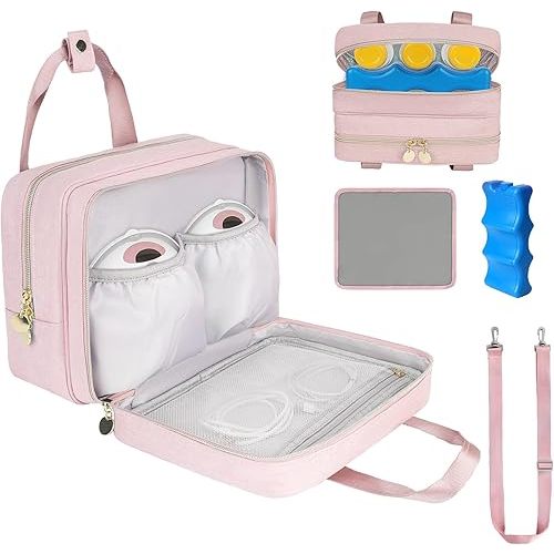 Wearable Breast Pump Bag with Cooler Compartment Compatible with Momcozy M5/S12 Pro, Elvie & Medela Pump in Style, Carrying Case with a Ice Pack & Waterproof Mat for Breast Pump and Accessories,Pink