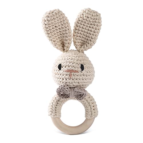 Handmade Crochet Easter Bunny Wooden Baby Rattle Toy for 0-6 Months - Organic Stuffed Animal for Newborn