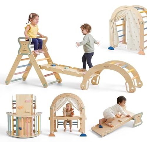 lalalark Pikler Triangle Set for 6M-6Y, 19-in-1 Wooden Montessori Climbing Set, Foldable Toddler Jungle Gym with Climbing Arch, Reversible Ramp & Tent Curtain for Crawl, Slide & Balance, Colorful