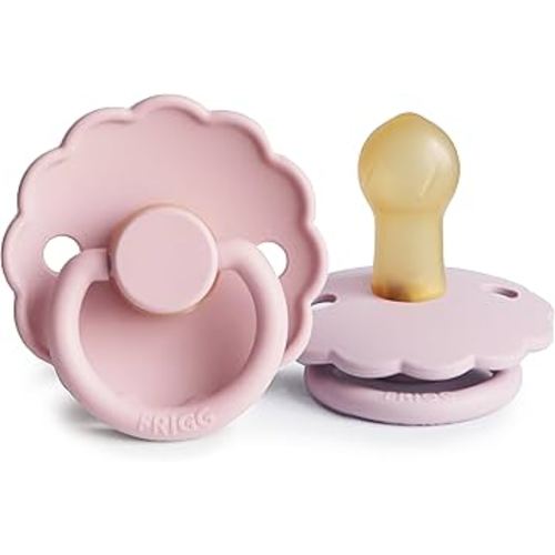 FRIGG Daisy Natural Rubber Baby Pacifier | Made in Denmark | BPA-Free (Baby Pink/Soft Lilac, 0-6 Months) 2-Pack