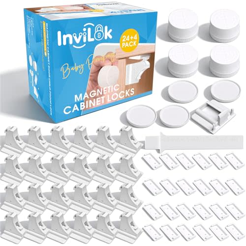 24 Pack Magnetic Cabinet Locks Baby Proofing, Drawer Latches | 4 Magnetic Keys, No Drill Tool-Free, Invisible Hidden Design, 3M Adhesive, for Kitchen Bathroom Whole Home