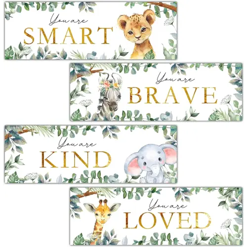 4 Pieces Kids Room Wall Decor Wooden Sign, 11.8" x 3.9" Jungle Animals Motivational Wall Art For Kids Room Nursery Playroom Classroom, You Are Loved/Brave/Kind/Smart-A06