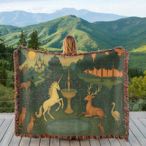 The Last Unicorn Woven Tapestry Blanket: Medieval Fantasy Wall Decor