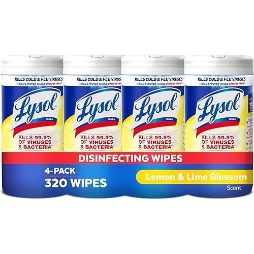 Lysol Disinfectant Wipes, Multi-Surface Antibacterial Cleaning Wipes, For Disinfecting and Cleaning, Lemon and Lime Blossom, Pack of 4 (Packaging may vary)