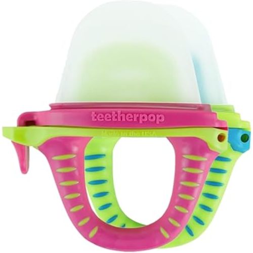 Teetherpop Fillable Silicone Teether for Babies – Breastmilk Popsicle Molds for Teething with Spill-Proof Sippy Slits – Freezable Baby Teethers for Liquids & Purées - Cool Relief (BlueLime & LimonTeal