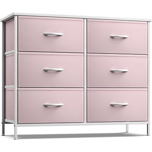 Sorbus Dresser with 6 Drawers - Furniture Storage Tower Unit for Bedroom, Hallway, Closet, Office Organization - Steel Frame, Wood Top, Easy Pull Fabric Bins (6-Drawer, Pastel Pink)