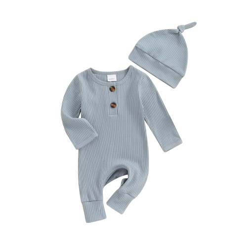 Newborn Baby Girls Boys Romper Bodysuit Long Sleeve Solid Ribbed Jumpsuit Hat Set Coming Home Outfits Neutral Clothes