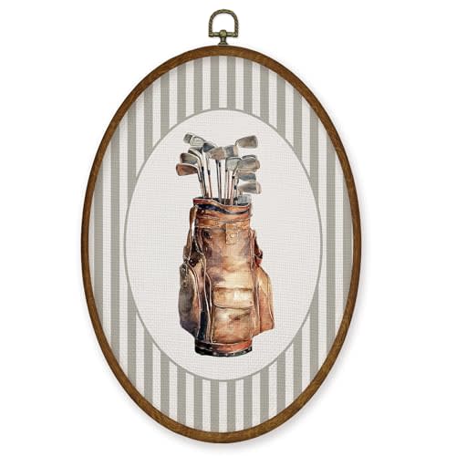 WULQYING Golf Bag Sports Nursery Wall Art Decor, Boys Room Oval Framed Canvas Art Prints, Neutral Striped Sport Lover Gift Wall Hanging Decor for Kids Nursery Room Playroom, 8.5x11.3 Inches