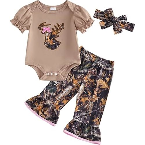 Newborn Baby Girl Hunting Clothes Deer Puff Short Sleeve Romper Jungle Camo Flare Pants Set 3 Piece Summer Outfit