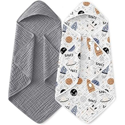 Yoofoss Hooded Baby Towels for Newborn 2 Pack 100% Muslin Organic Cotton Baby Bath Towel with Hood for Babies, Infant, Toddler and Kids, 32x32Inch, Soft and Absorbent Newborn Essential, Grey Planet