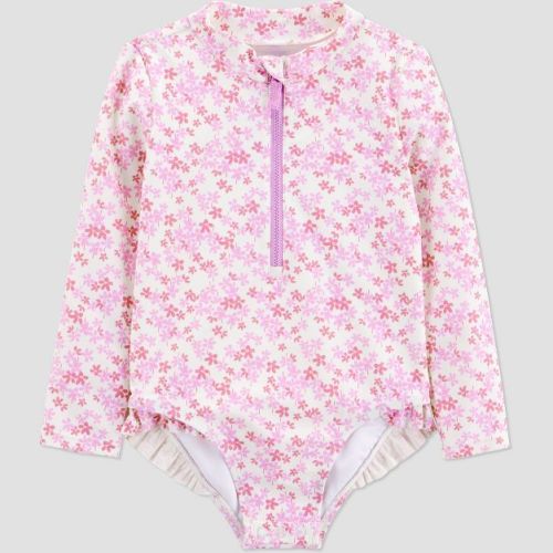 Carter's Just One You® Toddler Girls' Long Sleeve Ruffle Ditsy Floral One Piece Rash Guard Swimsuit - Pink 18M