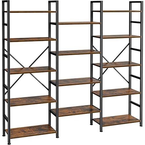 SUPERJARE Triple 5 Tier Bookshelf, Bookcase with 14 Open Display Shelves, Wide Book Shelf Book Case for Home & Office, Rustic Brown