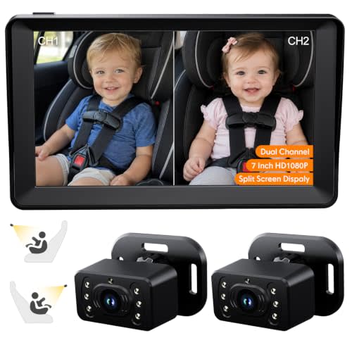 Kidsneed Baby Car Camera for 2 Kids - 7" Split Screen Baby Monitor for Car | Dual backseat cameras with 150° wide view and 360° rotation. Clear night vision infant car seat mirror camera