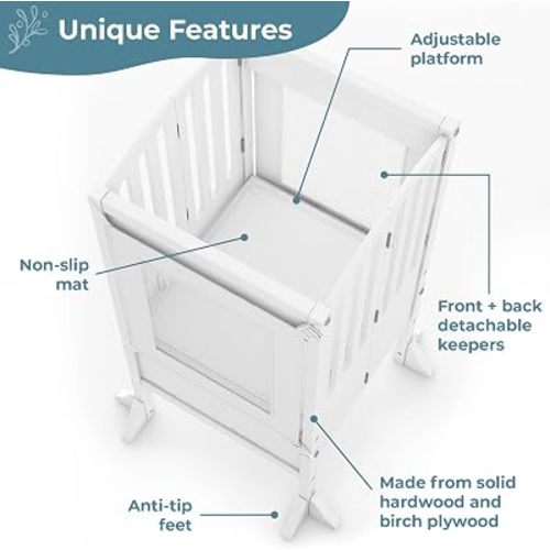 Guidecraft Kitchen Helper® Toddler Tower Step Stool - Contemporary - White: Folding Adjustable Height Montessori Wooden Learning Furniture with Keepers