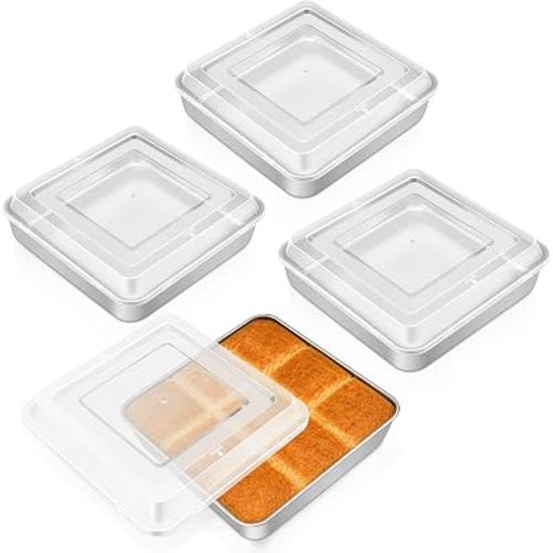 Leonyo Non-Toxic Stainless Steel 9x9 Baking Pan Square With Lid, 4 Pack