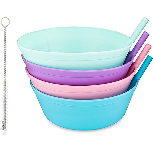 Cereal Bowls with Straws for Kids Childrens Bowls with Straw Built in for Kids Plastic Straw Bowls for Toddlers Dishwasher Safe BPA FREE Girls (4)