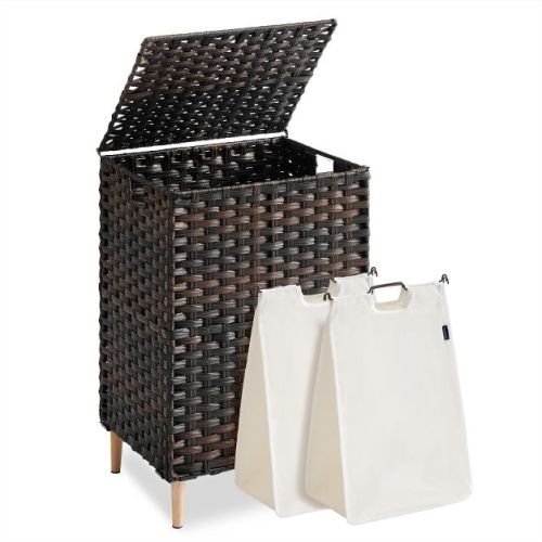 SONGMICS Laundry Hamper with Lid, PE Rattan Laundry Basket with Removable Liner, 2-Section Sorter, 29 Gallons (110 L), Chestnut Brown