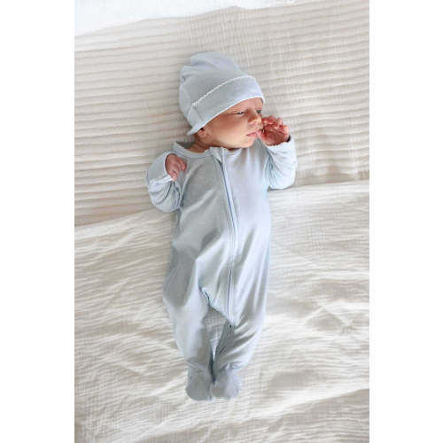 Picot Trim Bamboo Zipper Footie in Baby Blue | Caden Lane