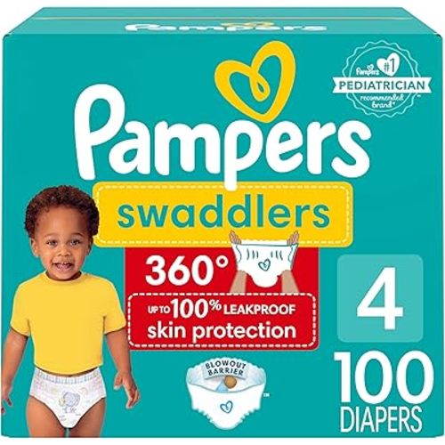 Pampers Diapers - Swaddlers 360 degrees - Size 4, 100 Count, up to 100% Leakproof Comfy Dry Fit, EZ Off Tabs Designed for Easy Changes, Pull On Diaper