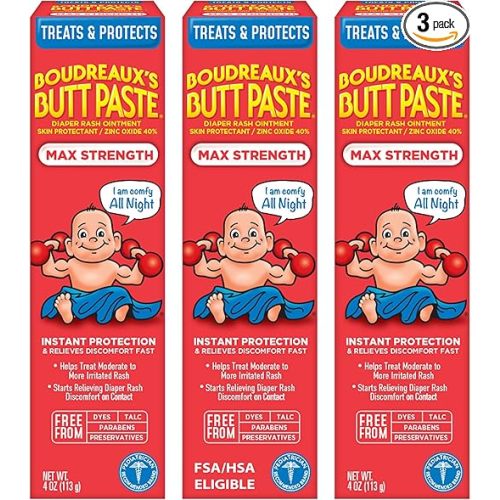 Boudreaux’s Butt Paste Max Strength Diaper Rash Cream for Baby, Ointment With Zinc Oxide, 4 oz Tubes, 3 Pack