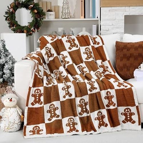 Buryeah Christmas Gingerbread Man Knit Throw Blanket, 50 x 60 Inch Xmas Reversible Knitted Throw Blanket, Cozy Lightweight Soft Gift for Couch Sofa Bed