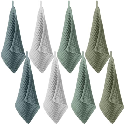 SmoothNovelty 8 Pcs Baby Washcloths for Newborn 12 x 12 Inch Muslin Face Towels Cotton Absorbent for Delicate Skin Soft Muslin Cloth Reusable Baby Registry as Shower Gift, 4 Colors(Green Color)