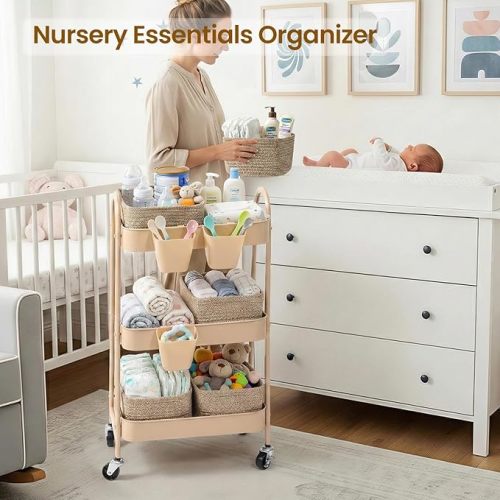 3-Tier Rolling Utility Cart with 4 Woven Baskets, Diaper Book Snack Cart, Storage Organizer for Nursery, Kitchen, Craft Room, Home SPA, Living Room, Metal Frame Trolley on Lockable Wheels, Brown