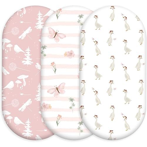3-Pack Organic Bassinet Sheets for Girls Stretch, Soft Cozy Fitted Bassinet Mattress Sheet (32" x 16") Universal Fit for Hourglass, Oval, & Rectangle Mattresses Pink Butterfly