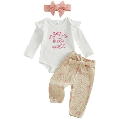 Twopumpkin Preemie Clothes Baby Girl Outfit Newborn Hello World Ribbed Romper Knitted Pants Headband Coming Home Outfits